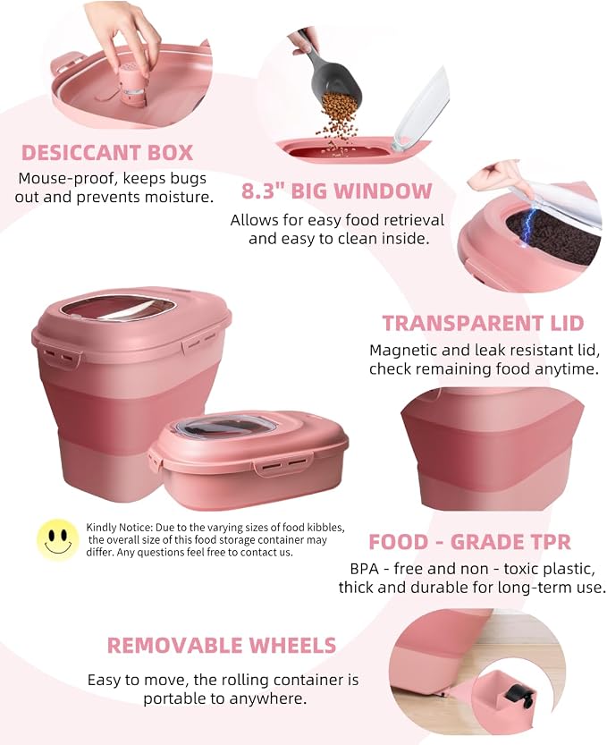 30-35 Lbs Dog Food Storage Container Collapsible Dog Food Container with Airtight Lids, Wheels, Scoop and 2pcs Food Storage Containers, Large Pet food storage for Dog, Cat (Pink)