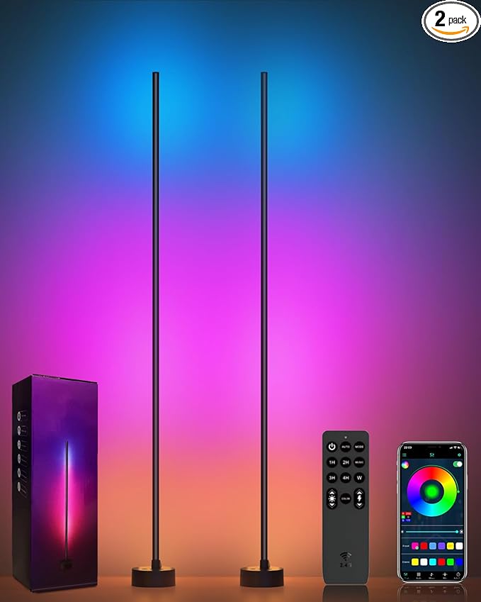 Miortior Corner Floor Lamp LED, 2-Pack Corner Lamp with App/Remote/Button Control, Smart RGB Floor Lamp with Music Sync, 16 Million DIY Colors & 68+ Scene for Living Room, Bedroom, Gaming Room