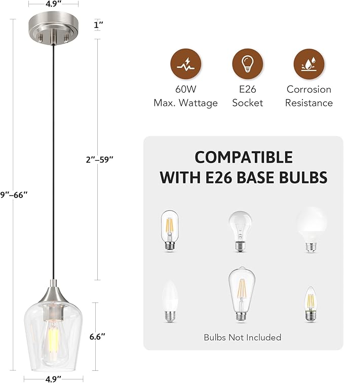 VONLUCE Pendant Lights Kitchen Island, Brushed Nickel Pendant Lighting for Kitchen Island with Hanging Cord for Bedroom & Hallway, Kitchen Island Lighting with Clear Glass Shade