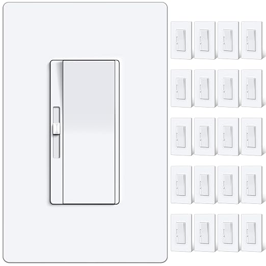 BESTTEN 20 Pack Super Slim Dimmer Light Switch, Quiet Rocker, Max 300W LED, CFL, 600W Incandescent, Single Pole or 3 Way Dimmable Switch with Screwless Wallplate, ETL Listed, White