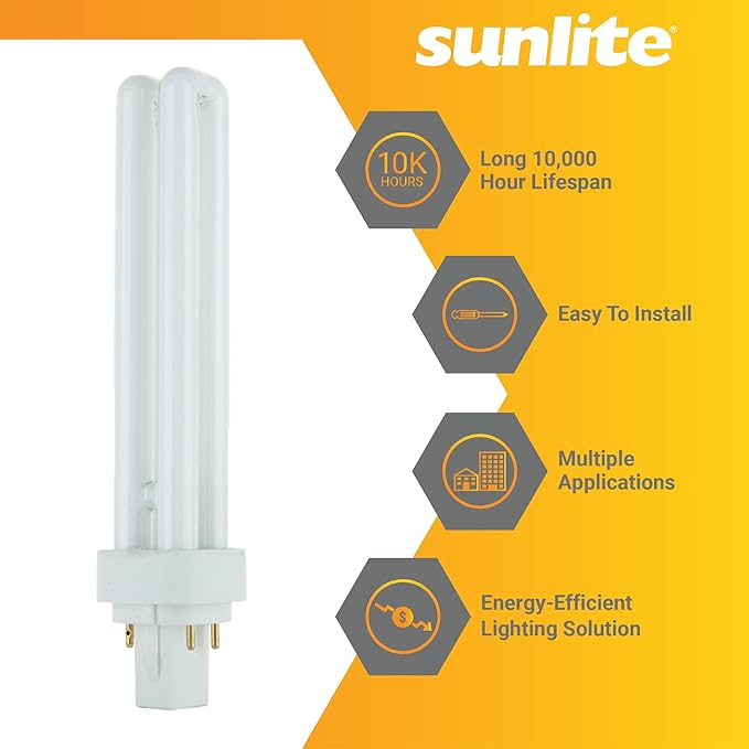 Sunlite PLD13/E/SP65K Compact Fluorescent PLD 4-Pin Double U-Shaped Twin Tube, 13 Watts, 120 Volts, 780 Lumens, 6500K Daylight, 4-Pin G24q1 Base, 10 Pack