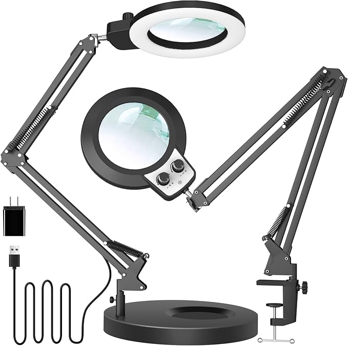 KIRKAS 12X Magnifying Glass with Light and Stand, Overhead Knob Magnifying Lamp for Workbench Craft, Sewing, 2-in-1 Lighted Magnifier Real Glass Lens Stepless Dimming and Color(9.06IN Base & Clamp)