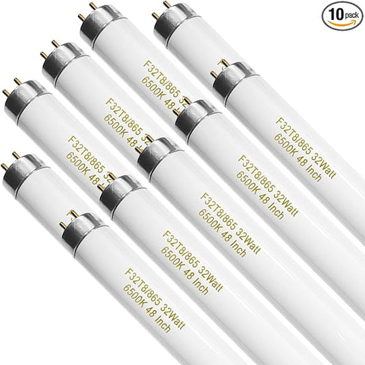 Konideke 10 Pack, F32T8/865 Fluorescent Light Bulb 48 Inch Daylight 32 Watt, T8 Fluorescent Bulb 4 Foot, 2800 Lumens G13 Medium 6500K Bi-Pin Base