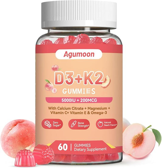 Gummies de Vitamine D3 K2 pour Adultes - Vitamine D3 5000UI + K2 (MK-7) 200mcg, avec Citrate de Calcium, Citrate de Magnésium, Oméga-3 pour les Os, les Muscles, les Dents et le Système Immunitaire - 60 Gummies