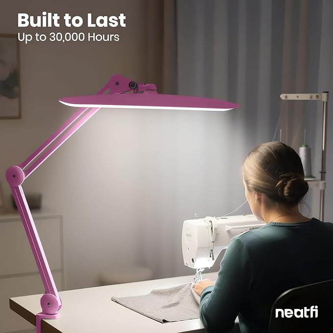 Neatfi XL 2200 Lumens 24W LED Desk Lamp – Shadow-Free Task Lighting | 4-Level Dimming | Home Office & Crafts Use | 20-Inch Wide Head (Pink, Non-CCT with Clamp)