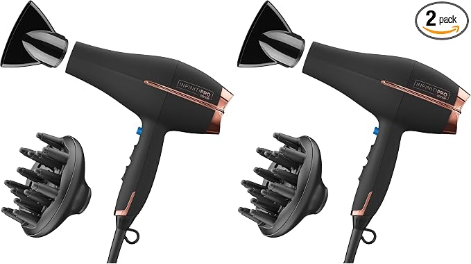 Infiniti PRO by CONAIR Hair Dryer,1875W Blow Dryer with Diffuser and Concentrator,Ceramic Technology,3 Heat & 2 Speed Settings,Cold Shot Button,Black,(Pack of 2)