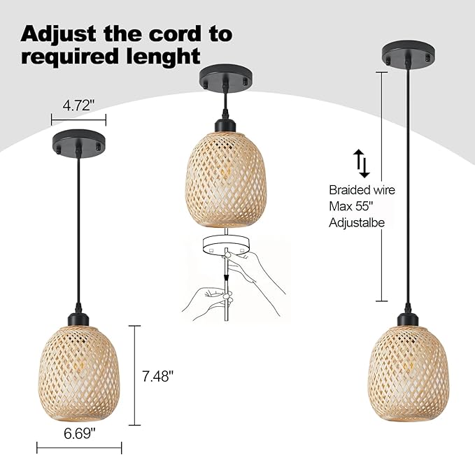 Hanging Light Fixture Set of 2, Mid Century Bohemian Rattan Bamboo Pendant Lighting,Torus Basket Woven Ceiling Chandelier for Kitchen Island Dinning Room Living Room Bedroom Nightstand