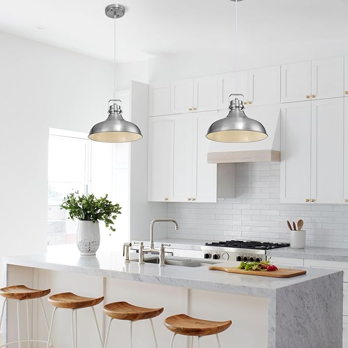 Brushed Nickel Farmhouse Pendant Lights Matte Pendant Lighting for Kitchen Island Industrial Adjustable Height Vintage Dome Hanging Light Fixtures for Barn, Dining Room 1 Pack
