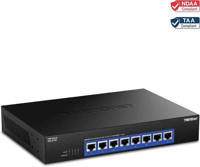 TRENDnet 8-Port 10G Switch, TEG-S708, 8 x 10G RJ-45 Ports, 160Gbps Switching Capacity Rack mountable, Ethernet Splitter, NDAA & TAA Compliant, Lifetime Protection, Black