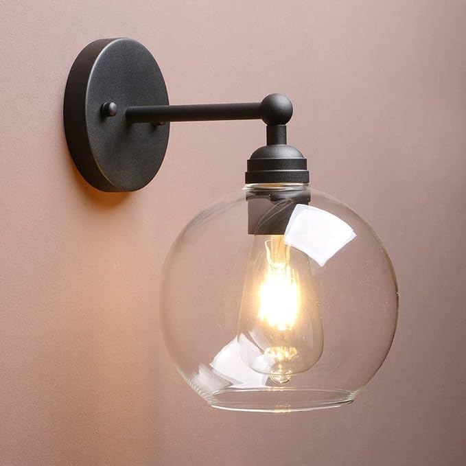 Yosoan Brass Boho Vanity Bathroom Wall Sconce, 1-Light Indoor Hardwired Wall Mounted Vintage Industrial Fixture Lights with Double Hole Round Glass Lamp for Mirror, Living Room, Hallway(Black)