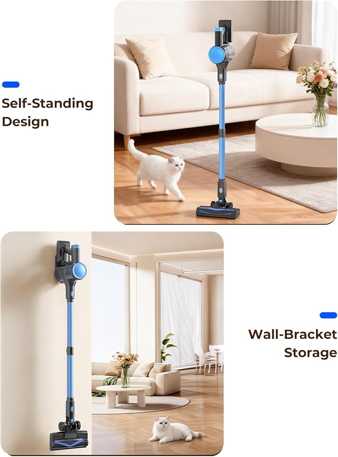 UML0 N8 Cordless Stick Vacuum Cleaner,Lightweight Vacuum Cleaner with Powerful Suction,Self-Standing,Rechargeable Vacuum Cleaners for Home Hardwood Floor Carpet Pet Hair (Cerulean)