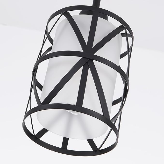 3 Pack Pendant Light Kitchen Island Pendant Light, Stem Rod Hanging Light with Spiral Cage Frosted Glass Shade, Black Modern Indoor Hanging Lamp