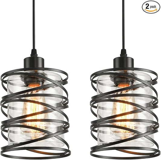 2 Pack Black Spiral Cage Pendant Lights with Clear Glass Shade, Suitable for Kitchen Island, Dining Table, Entryway, Restaurant