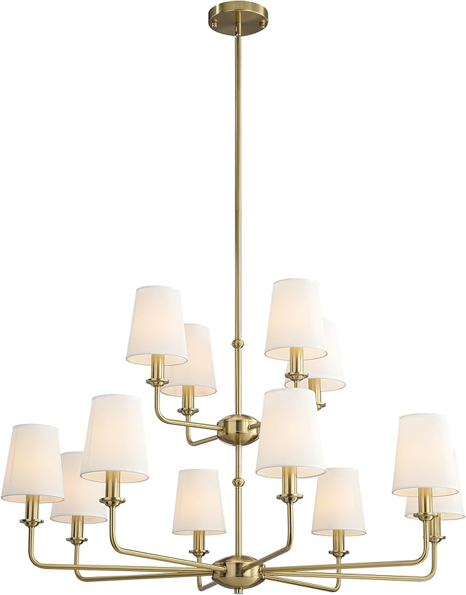 12-Light Brushed Gold Chandelier, E12 Bulb Compatible, White Fabric Shades, Adjustable Rod, Farmhouse & Industrial Style Ceiling Light for Living Room Dining Room Bedroom