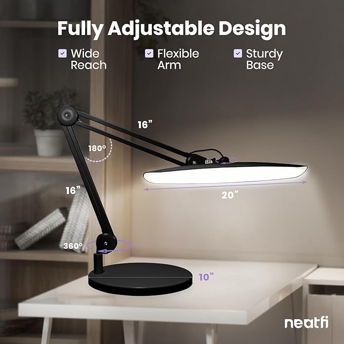 Neatfi XL 2200 Lumens 24W LED Desk Lamp - 4-Level Dimmable Task Light | Home Office, Crafts & Workbench | 20-Inch Wide Head (Black, Non-CCT with Base)