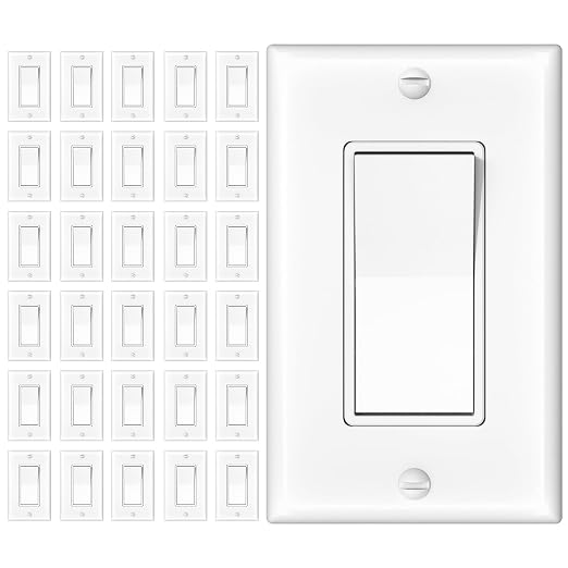 Amico 30 Pack Single Pole and 3-Way Light Switch with Wall Plate, UL Listed, 15A 120/277V, On/Off Rocker Interrupter Wall Switch, Grounding Screw, Suitable for Home and Business, White