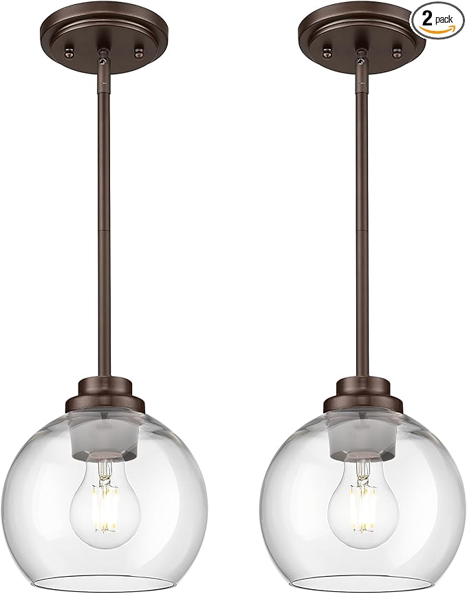 2-Pack Pendant Lights Kitchen Island, 7" Oil Rubbed Bronze Hanging Lights Fixtures with Clear Glass Globe Shade, Modern Kitchen Island Lighting for Bathroom, AD-22280-1P2-ORB