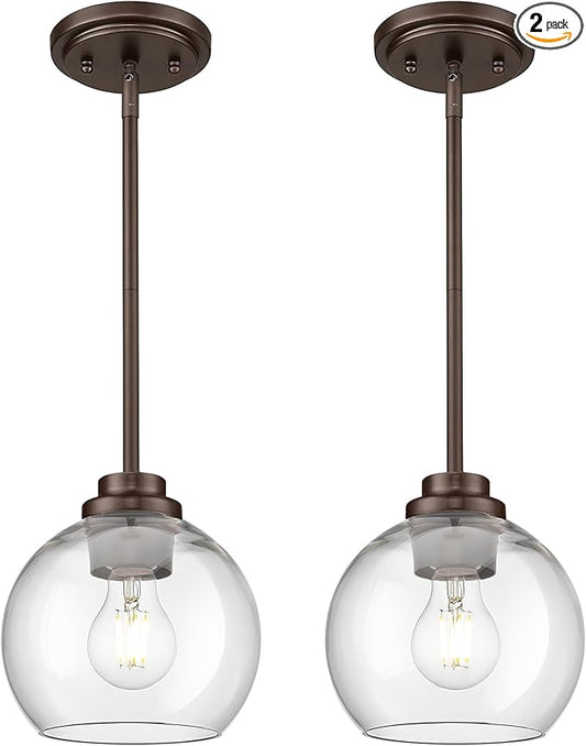 2-Pack Pendant Lights Kitchen Island, 7" Oil Rubbed Bronze Hanging Lights Fixtures with Clear Glass Globe Shade, Modern Kitchen Island Lighting for Bathroom, AD-22280-1P2-ORB