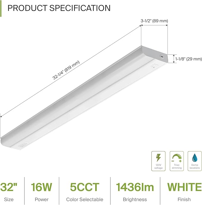 ASD LED Under Cabinet Lighting Hardwired, 32 Inch 16W 2700K-5000K Selectable, 1436LM, CRI90+, Direct Wire Linkable Under Counter Lights for Kitchen, Dimmable Under Cabinet Lights, White, UL Certified