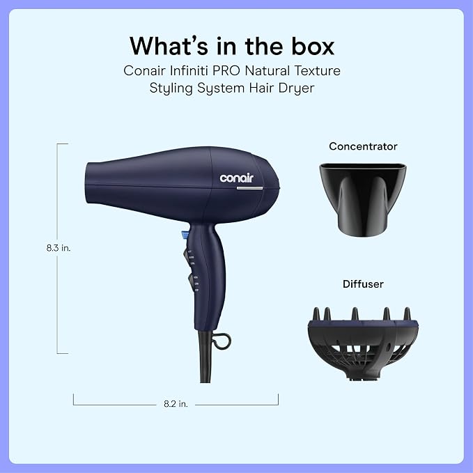 Conair Natural Texture Styling System Hair Dryer | Multi-Chamber Diffuser for Curly, Coily, and Wavy Hair, Dark Blue, 600XRL
