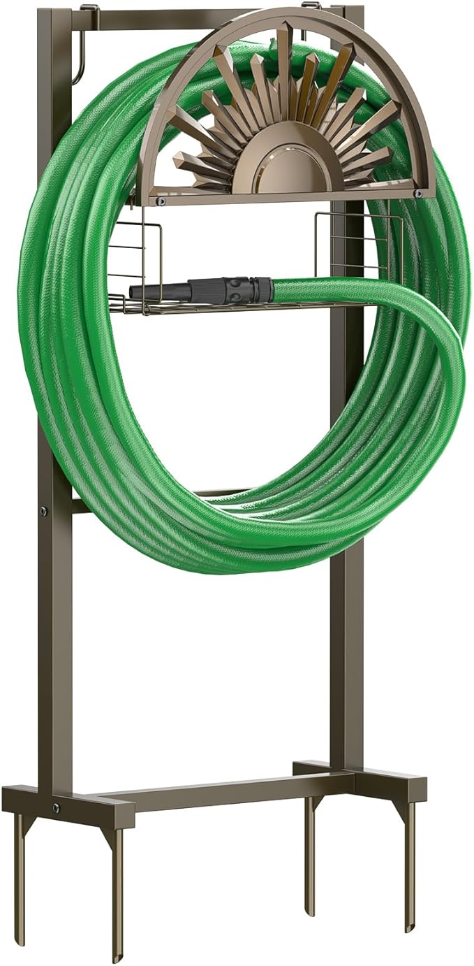 GOFORWILD Garden Hose Reel Winding Reel- Freestanding Water Hose Stand with Storage Basket, Holds 150ft of 5/8 Hose for Outside Patio Yard Lawn with 2 Hooks