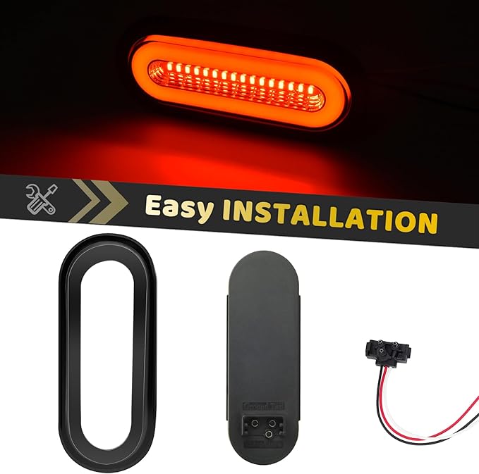 2Pcs 6" inch Smoked Lens Oval Red 52 LEDs Trailer Boat Halo Brake Stop Running Turn Signal Tail Lights【Patented】 w/Rubber Grommet, Sealed Submersible IP67 for Truck/RV/Van, DC 12V