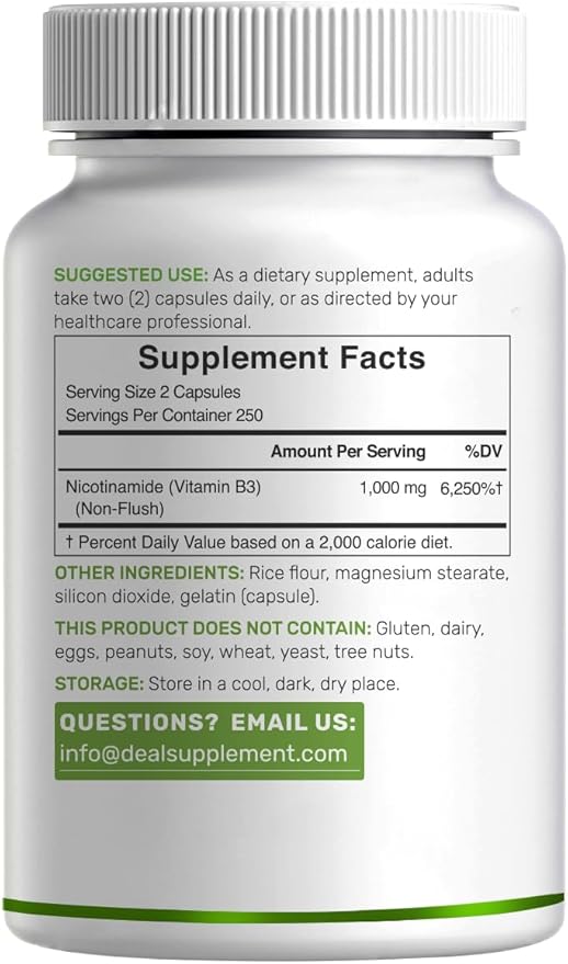 Vitamine B3 Niacinamide 1 000 mg par dose – 500 gélules, Niacine sans rougeurs, B3 essentielle – Soutient la santé de la peau et la production d'énergie – Sans OGM