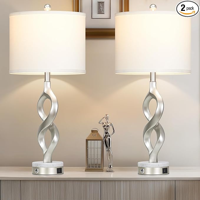 Cinyirong Silver Table Lamps Set of 2 for Living Room, 30" Tall Touch Control Bedside Lamps for Bedroom Nightstand, 3-Way Dimmable Modern Sculptural Table Lamp with USB A+C Ports and 2 LED Bulbs