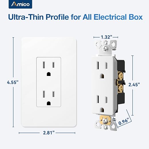 Amico Wall Outlet, UL Listed, Tamper Resistant Standard Electrical Outlet, Decorator Receptacle, Suitable for Home and Business, 125V/1875W, White, 15 Amp - Screwless Wall Plate, 1 Pack