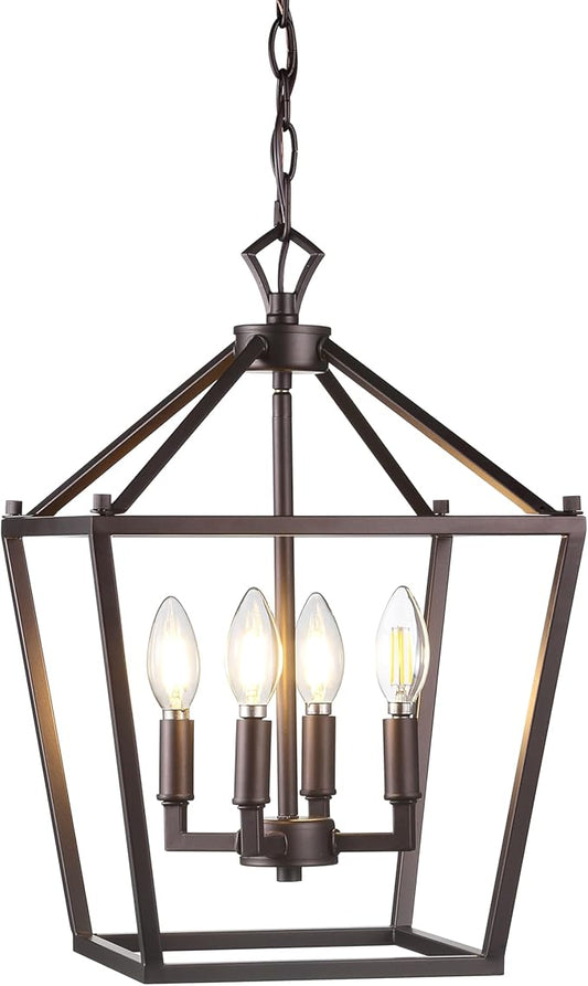 JONATHAN Y 12" Oil Rubbed Bronze Lantern Pendant Light, 4-Light Pagoda Style Metal Cage Farmhouse Hanging Ceiling Fixture for Kitchen Island, LED Bulb Included (JYL7436A)