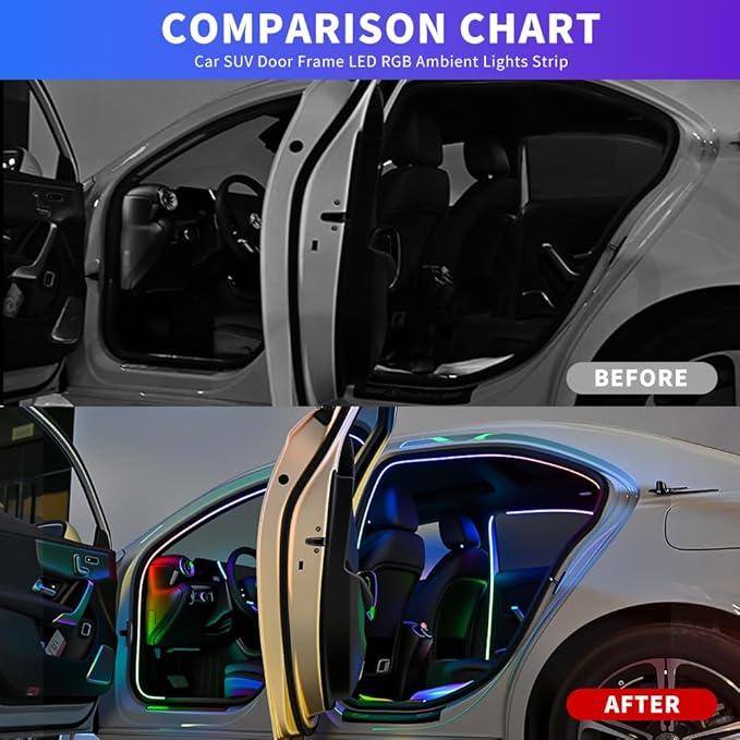 Car SUV Door Frame Ambient Light Lighting, Car Door Ambient Lights LED RGB, Automotive Auto Interior USB Neon Accent Lights Strip Accessories, App Remote Control Music Sync, Acrylic, 2 Pack*11.48ft