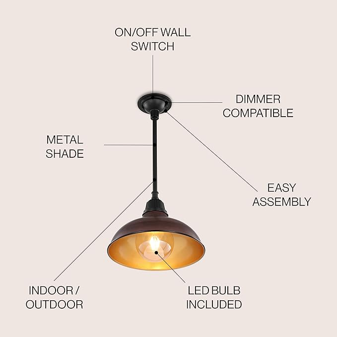 JONATHAN Y 12.25" Wood Finish/Copper Farmhouse Indoor/Outdoor LED Pendant Iron Hanging Light, and Black 1-Light Metal Shade, Rustic Ceiling Lamp for Kitchen Island, LED Bulb Included (JYL7611G)