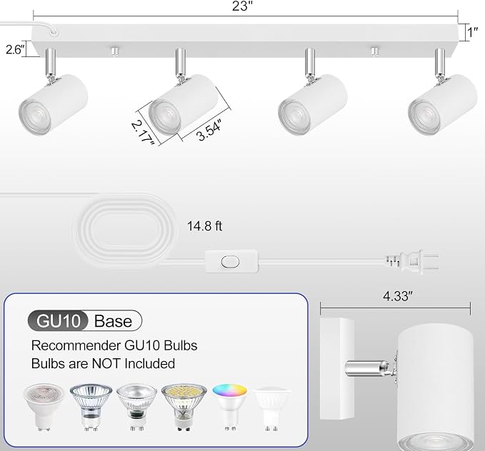 BoostArea LED Track Lighting Ceiling Fixtures, White 4-Light Plug in Track Lights for Kitchen, 23" Ceiling Spotlight, 15 FT Cord,Flexibly Rotatable Wall Mount Light Head for Bedroom Hallway
