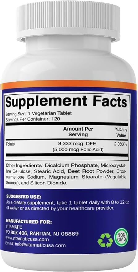 Vitamatic Folic Acid 5mg (5000 mcg) – 120 Vegetarian Tablets High Potency Vitamin B9 (Folate) for Cellular Health, Heart Support & Prenatal Care