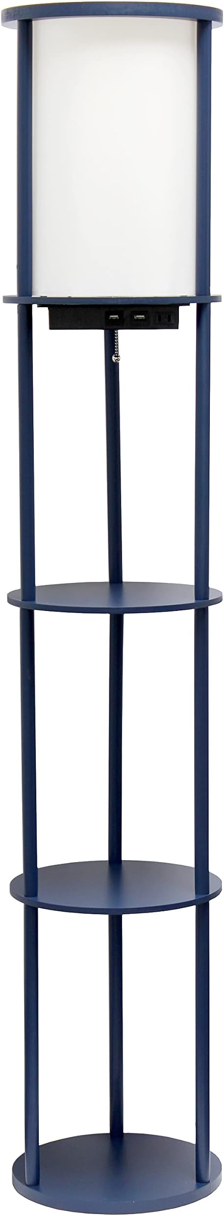 Simple Designs LF2010-NAV 62.5" Round Modern Shelf Etagere Organizer Storage Floor Lamp with 2 USB Charging Ports, 1 Charging Outlet and Linen Shade for Living Room Bedroom Office, Navy