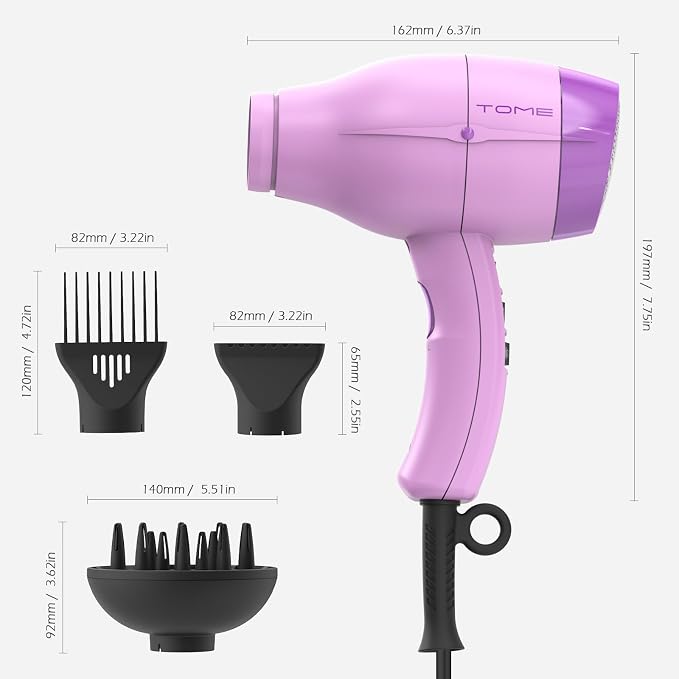 TOME Hair Dryer with Diffuser, 1875W Ionic Blow Dryer with Comb Attachment and Concentrator for Home Use, Fast Drying with Cool Shot and 2 Heat & 2 Speed Settings, 125V, Purple