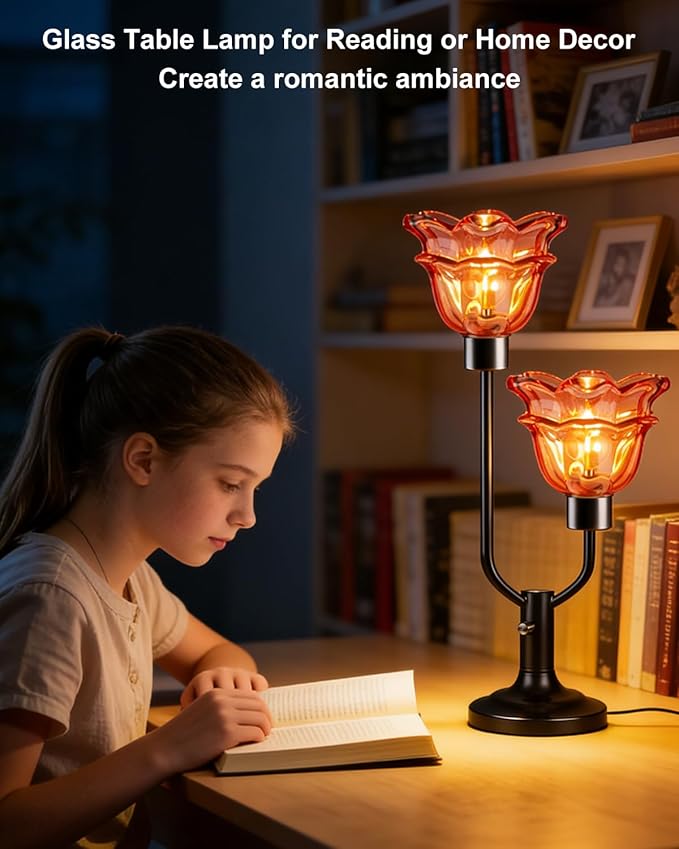 Lightdot Mid Century Modern Flower Table Lamp Dimmable Nightstand Lamp Red Glass Vintage Black Desk Lamp 2 Bulbs Included Warmwhite Ambient Bedside Lamps for Living Room Bedroom Home Office Decor Gift