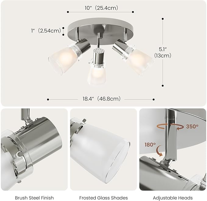 10” Track Lighting Kit, Brushed Nickel Finish Flush Mount Ceiling Light Fixture with Frosted Glass Shades, E26 Base Adjustable Heads Provide Directional Light (3-Light)