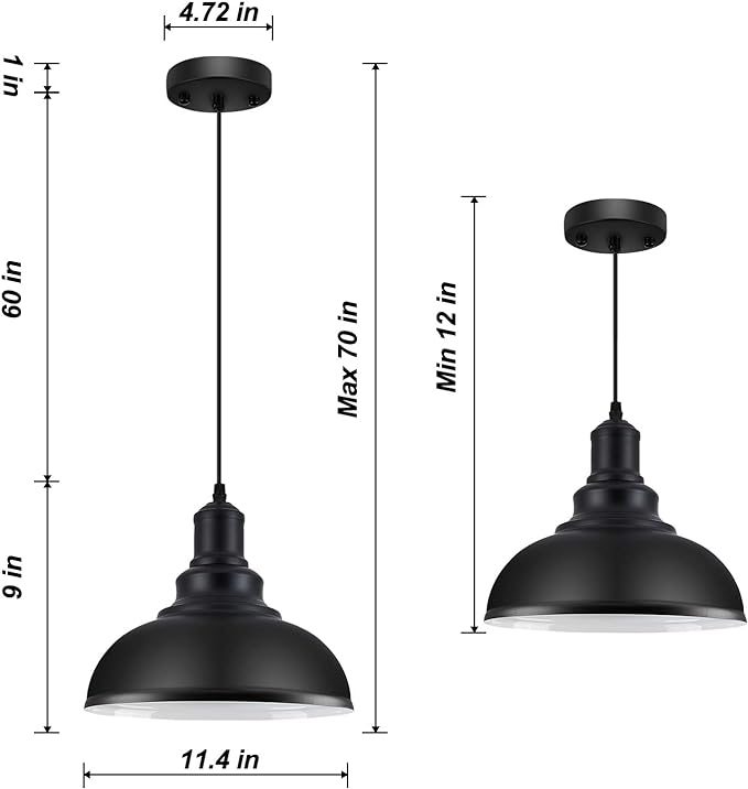 LOEHINLE Pendant Lighting Vintage Industrial Fixtures, Black Metal Farmhouse Lights, Ceiling Lamp for Kitchen Home Island Dining Room Bedroom, 11.4 inches