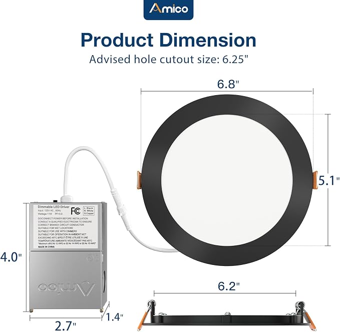 Amico 20 Pack 6 Inch 5CCT Ultra-Thin LED Recessed Ceiling Light with Junction Box, 2700K-5000K Selectable, 12W Eqv 110W, Dimmable Can-Killer Downlight, 1050LM Wafer Lighting, Black-ETL