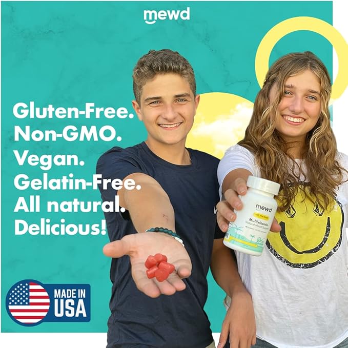 MEWD ティーン/キッズ用デイリーマルチビタミン グミ 天然気分安定剤配合、ビーガン、免疫力向上、鉄・亜鉛サプリメント、グルテンフリー、脳の健康のための集中力アップビタミン – アメリカ製