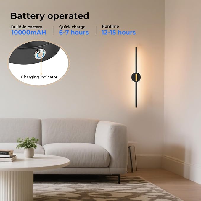 GvvooHome 28.3" Battery Operated Wall Sconces Set of 2, 360°Rotation Rechargeable Wall Lights with Remote Control, 3000K-6500K LED Detachable Wall Lamp for Bedroom, Hallway, Black Gold
