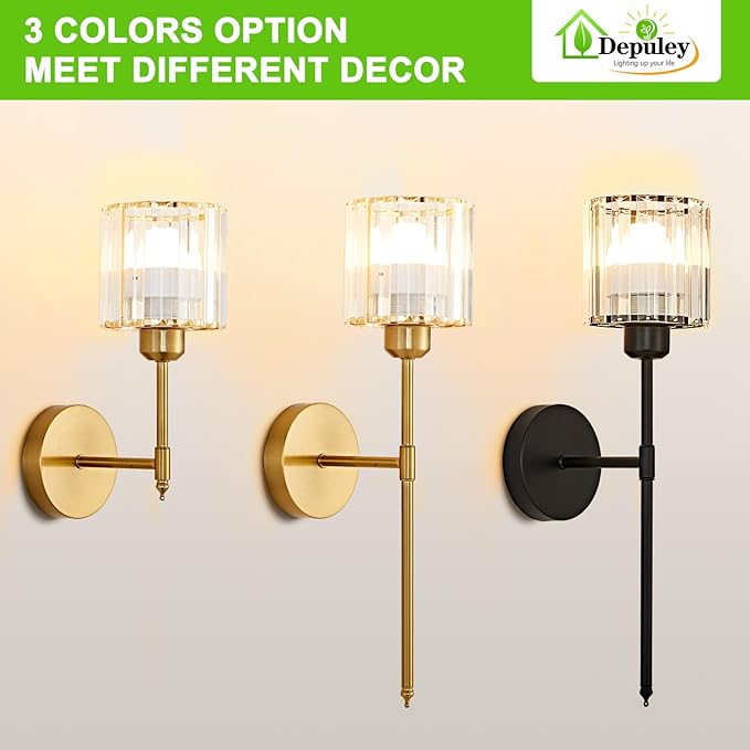 Depuley Battery Operated Wall Sconce: Set of 2 Wireless Crystal Wall Lights with Remote for Bedroom - Rechargeable 15 Colors Gold Wall Lamp for Living Room Hallway Home Decor
