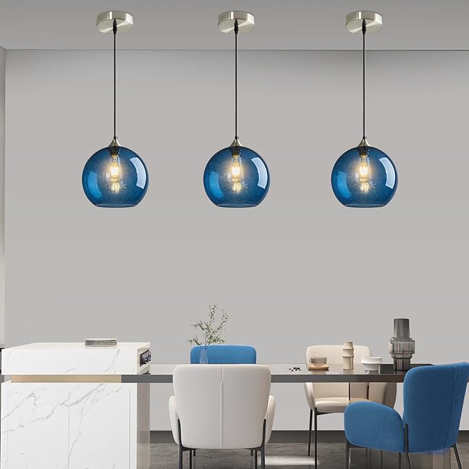 Modern 3-Pack Glass Globe Pendant Lights, Blue Modern Pendant Lighting for Kitchen Island, Clear Glass Hanging Lamps for Dining Room Living Room Bedroom, Large 9.85 Inch Fixture (Bulbs Not Included)