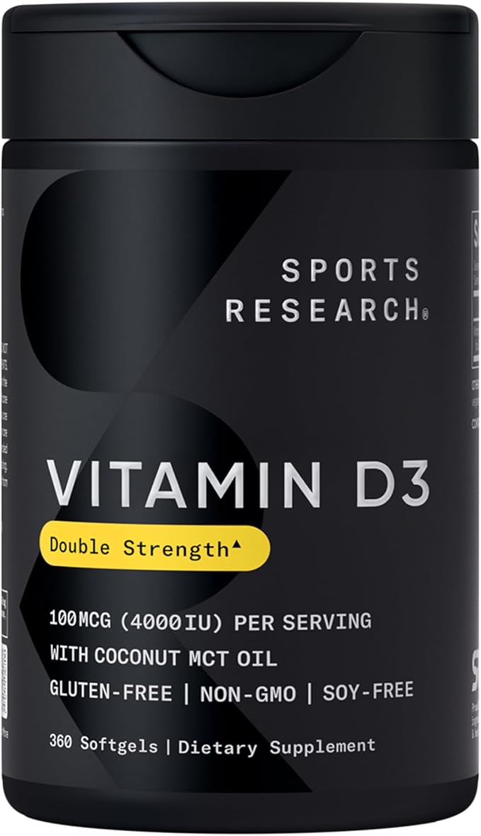 Sports Research® Vitamine D3 4000 UI avec huile de coco MCT - Supplément de vitamine D à double concentration - Sans gluten · Sans OGM · Sans soja - 360 gélules