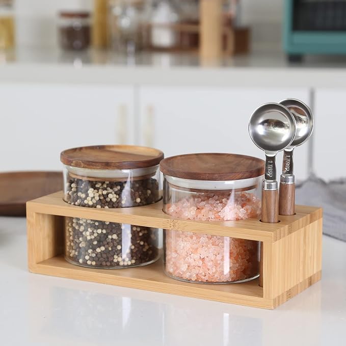 KKC HOME ACCENTS Airtight Borosilicate Glass Food Storage Jars with Wood Lids and Scoop for Coffee,Tea,Sugar,Salt,Wooden Top Glass Sealed Jars,18 Fluid Ounces