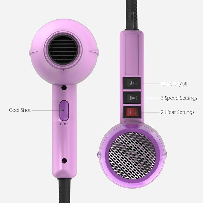 TOME Hair Dryer with Diffuser, 1875W Ionic Blow Dryer with Comb Attachment and Concentrator for Home Use, Fast Drying with Cool Shot and 2 Heat & 2 Speed Settings, 125V, Purple