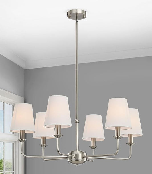 6-Light Brushed Nickel Chandelier with White Fabric Shades, E12 Base Modern Farmhouse Ceiling Light Fixture for Dining Room, Living Room, Bedroom, Kitchen, Foyer, Adjustable Hanging Rod.