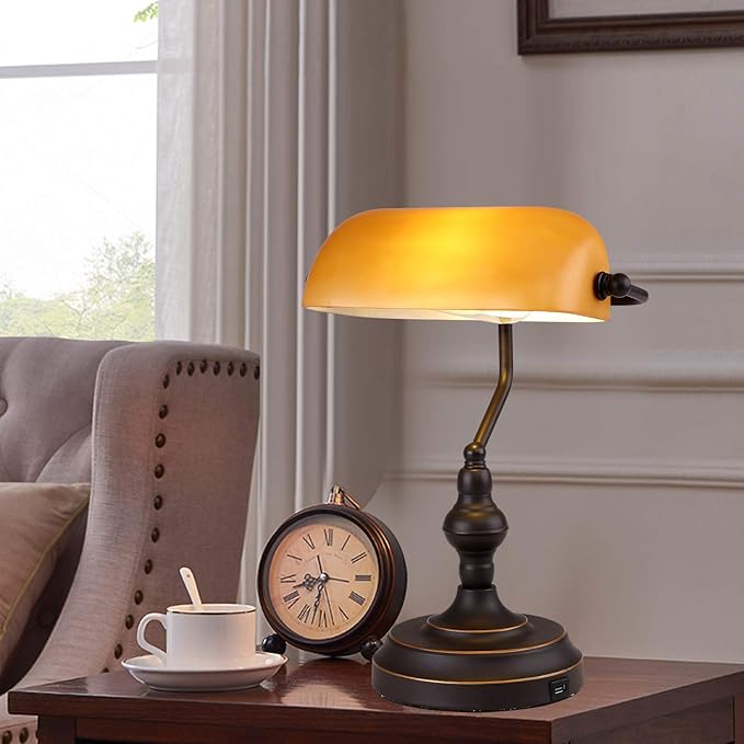 Banker Desk Lamp Touch Control, Vintage Banker's Desk Lamp with USB-A Port, 3 Way Dimmable Desk Lamps, Farmhouse Library Lamp Oil Rubbed Bronze for Office, Study Room