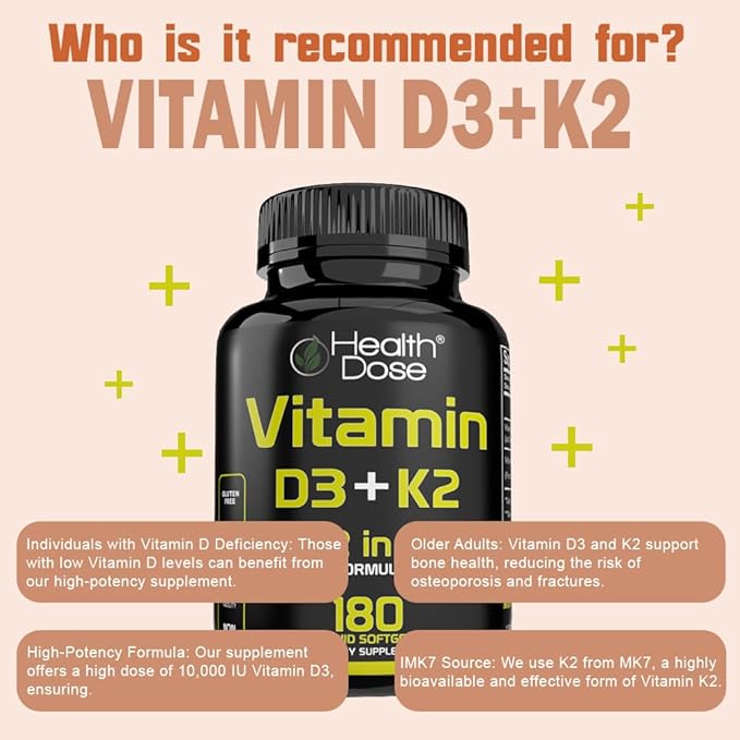 Health Dose ビタミンD3 10,000 IU + K2（MK7）サプリメント、2-in-1処方、免疫サポート、健康的な気分、心臓、関節、歯、骨の健康、カルシウム吸収、180粒。（2）